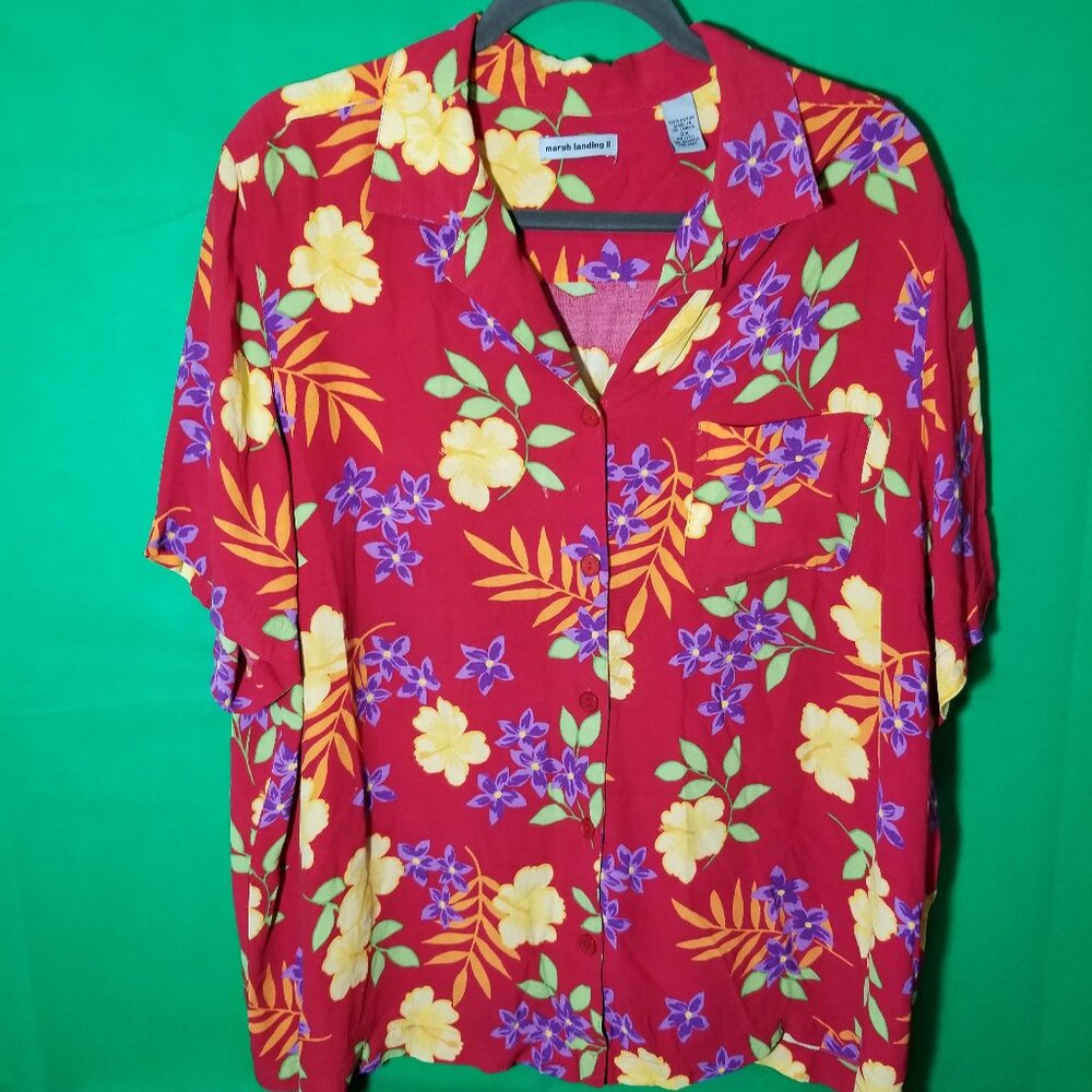 Marsh Landing Red Tropical Floral Button-Down Shirt